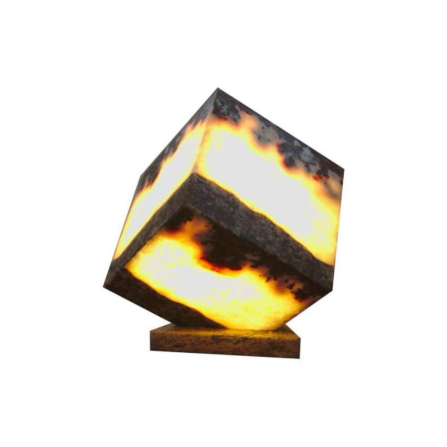 Onyx Marble Cube (Cubic) Table Lamp. Size of the cube's sides: 20 cm x 20 cm x 20 cm. Vino Collection. Colors: Yellow, Orange, and Black.