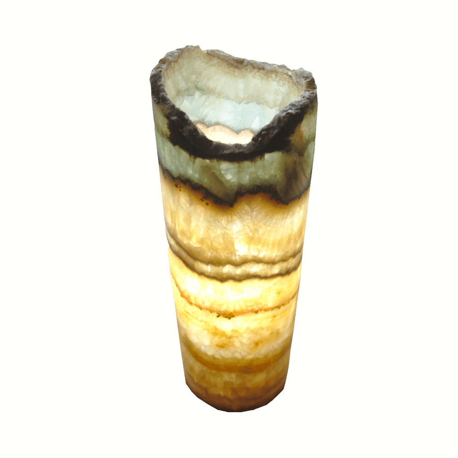 Onyx Marble Cylindrical Table Lamp with Open Curved Top. Height: 30 cm. Base: 20 cm. Serpentina Beta Azul Collection. Colors: Orange, Yellow, White, Black, and Blue.