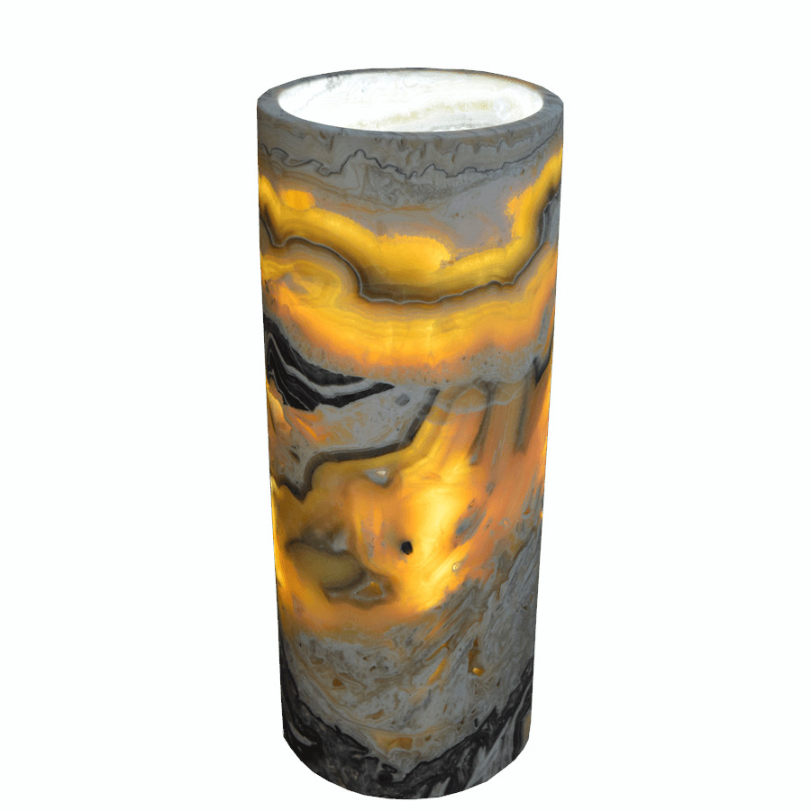 Onyx Marble Cylindrical Floor Lamp with Open Top. Height: 100 cm. Base: 20 cm. Galactea Collection. Colors: Orange, Yellow, Gray, Black.