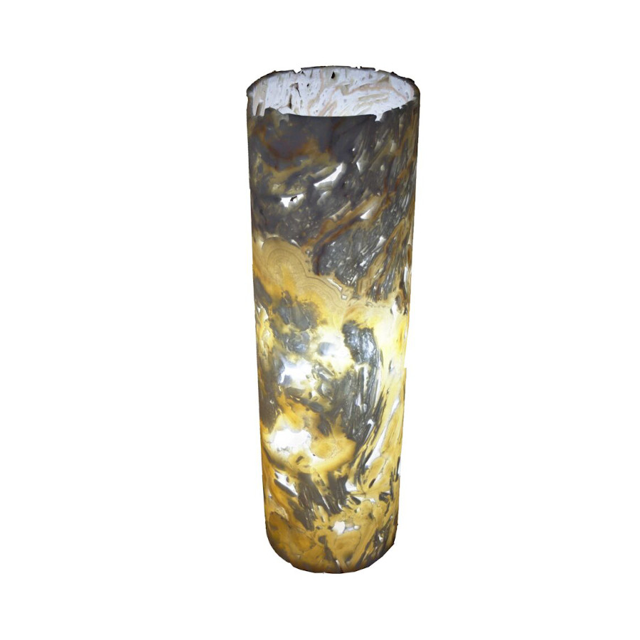 Onyx Marble Cylindrical Floor Lamp with Open Curved Top. Height: 100 cm. Base: 20 cm. Picado Collection. Colors: Various Shades of Yellow and Gray. Picado Onyx Marble has Natural Holes.