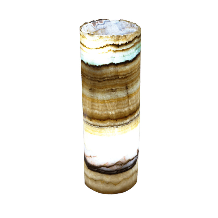 Onyx Marble Cylindrical Floor Lamp with Open Top. Height: 70 cm. Base: 20 cm. Serpentina Beta Azul Collection. Colors: Orange, Yellow, White, Black, and Blue.