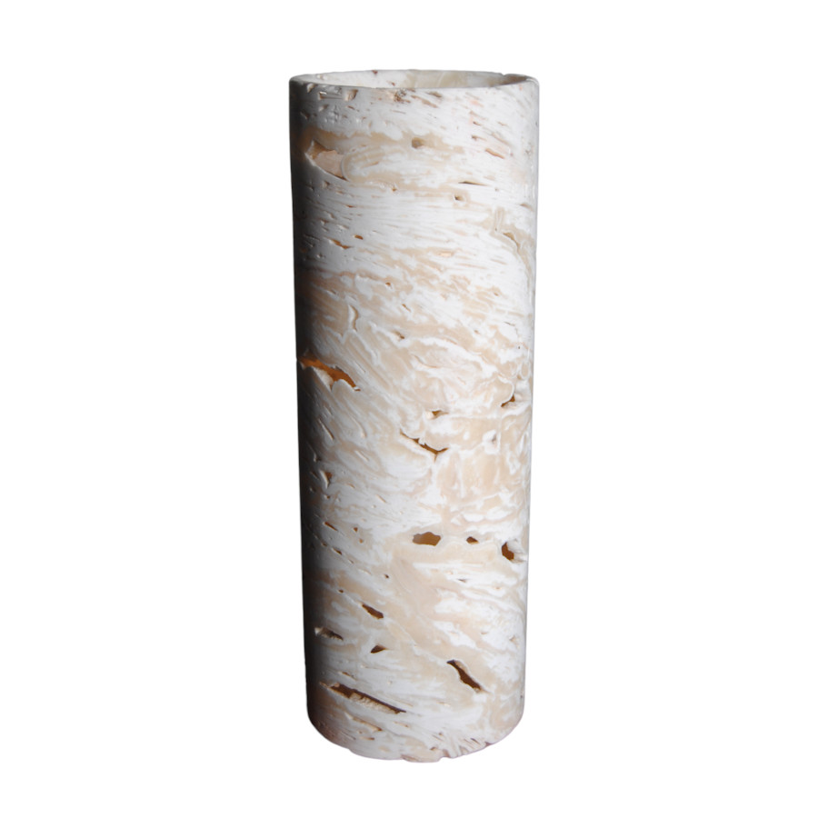 Onyx Marble Cylindrical Floor Lamp with Open Curved Top with Light Off. Height: 50 cm. Base: 20 cm. Picado Collection. Picado Onyx Marble has Natural Holes.