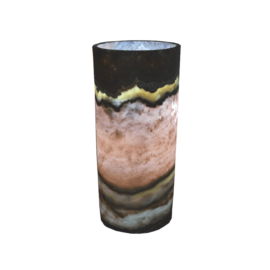 Onyx Marble Cylindrical Table Lamp with Open Top. Height: 30 cm. Base: 15 cm. Beta Rosa Collection. Colors: Black, Pink, Yellow, White, and Brown.