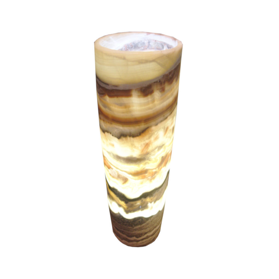 Onyx Marble Cylindrical Table Lamp with Open Top. Height: 30 cm. Base: 15 cm. Galactea Collection. Colors: Orange, Yellow, Gray, Black.