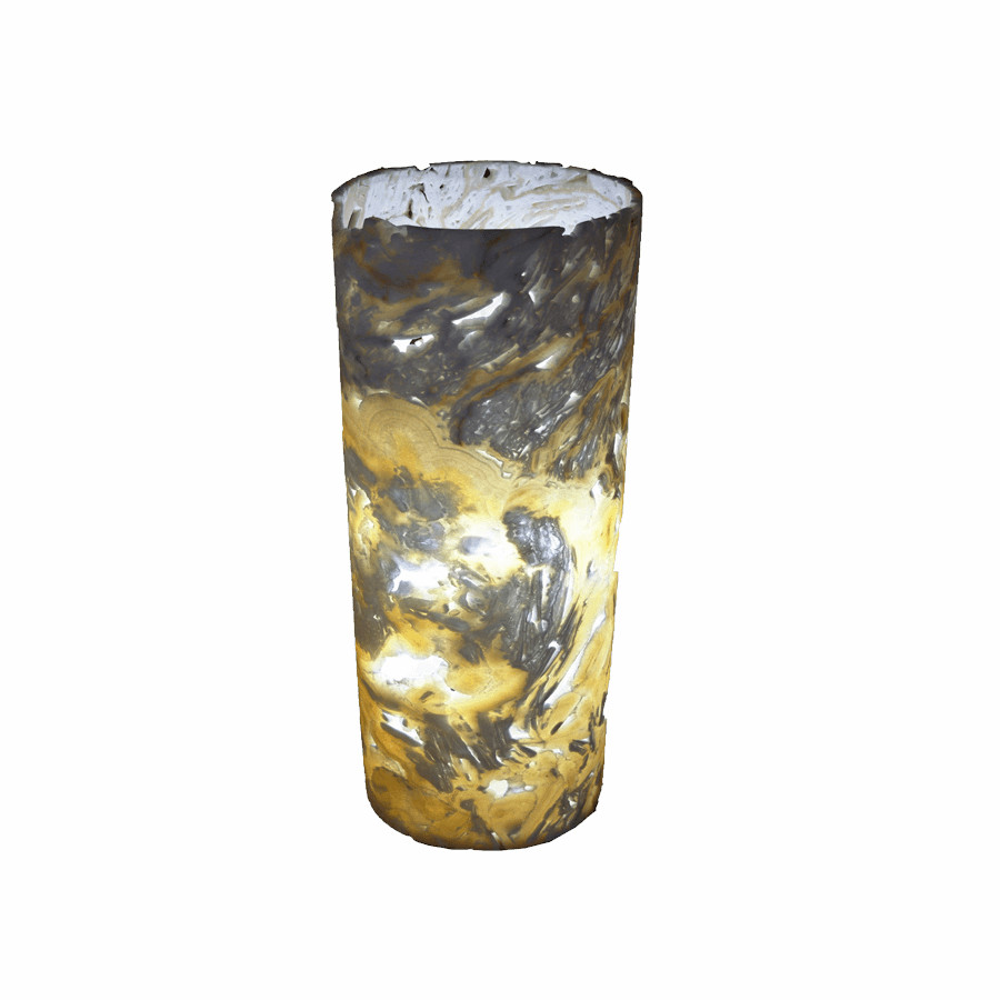 Onyx Marble Cylindrical Table Lamp with Open Top and Natural Cavities. Height: 50 cm. Base: 15 cm. Picado Collection. Colors: Yellow, Gray, and White.