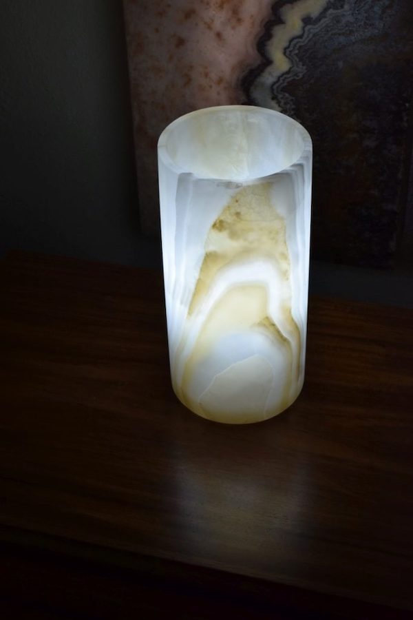Onyx Cylindrical Small Table Lamp with Open Top. Ambar Collection. Colors: Orange, Yellow, Brown, and White.