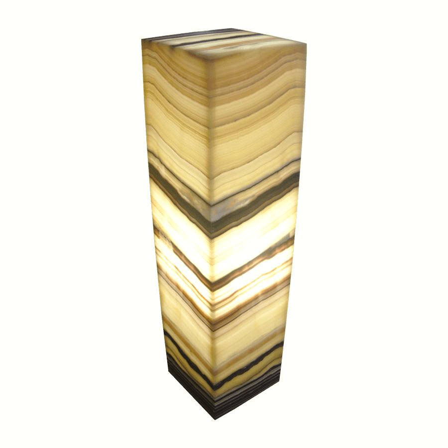 Onyx Marble Rectangular Floor Lamp with Closed Top. Height: 100 cm. Base: 15 cm x 15 cm. Galactea Collection. Colors: Yellow, Orange, Black, and Gray