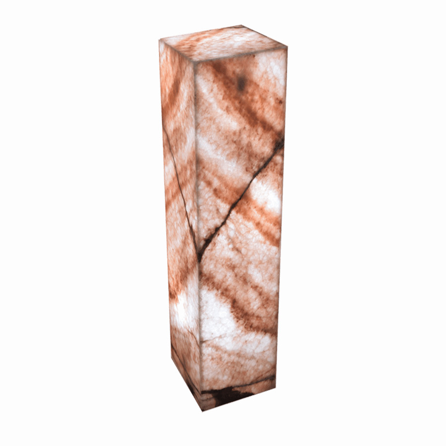 Onyx Marble Rectangular Floor Lamp with Closed Top. Height: 100 cm. Base: 15 cm x 15 cm. Rosa Cristal Collection. Colors: Pink, Red, White, and Dark Brown.