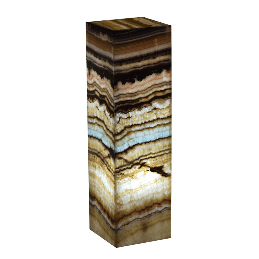 Onyx Marble Rectangular Floor Lamp with Closed Top. Height: 100 cm. Base: 15 cm x 15 cm. Serpentina Beta Azul Collection. Colors: Orange, Yellow, White, Black, and Blue.
