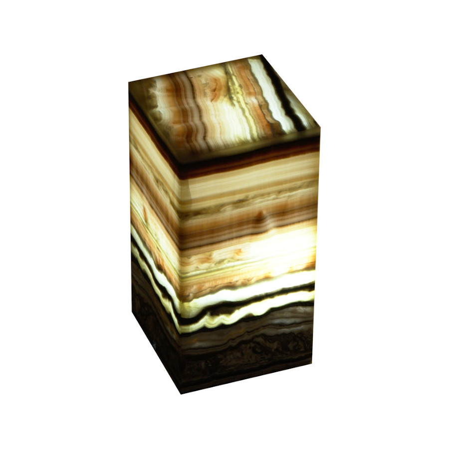 Onyx Marble Rectangular Table Lamp with Closed Top. Height: 30 cm. Base: 15 cm x 15 cm. Galactea Collection. Colors: Yellow, Orange, Black, and Gray