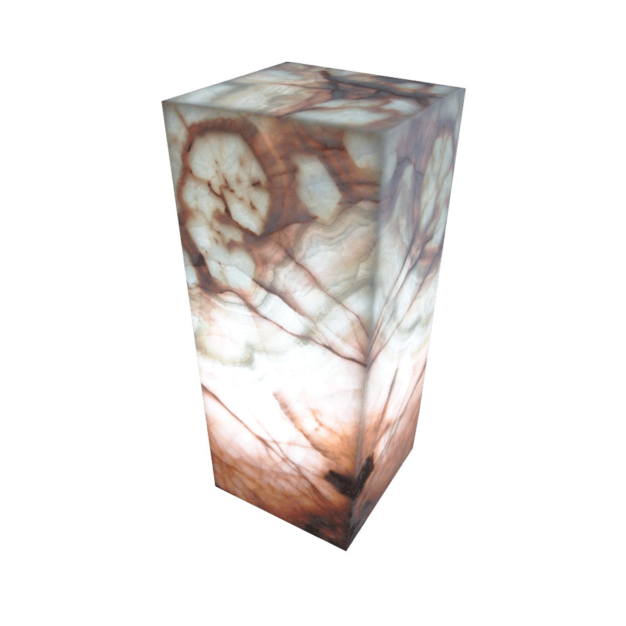 Onyx Marble Rectangular Table Lamp with Closed Top. Height: 30 cm. Base: 15 cm x 15 cm. Azulita Collection. Colors: Pink, Red, White, and Dark Brown.