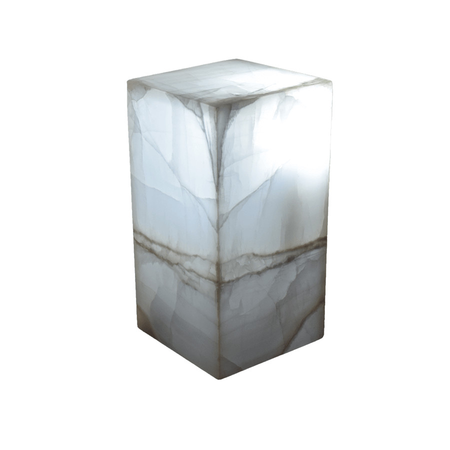Onyx Marble Rectangular Table Lamp with Closed Top. Height: 30 cm. Base: 15 cm x 15 cm. Blanco Hielo Collection. Colors: White and Gray