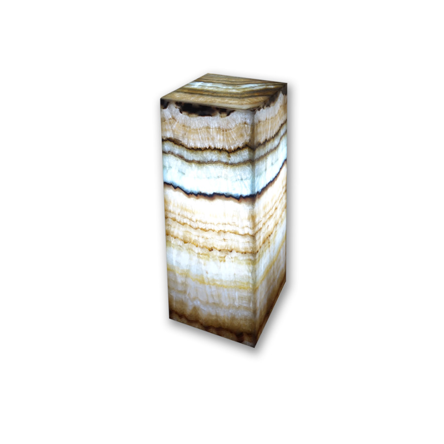 Onyx Marble Rectangular Table Lamp with Closed Top. Height: 50 cm. Base: 15 cm x 15 cm. Serpentina Beta Azul Collection. Colors: Orange, Yellow, White, Black, and Blue.