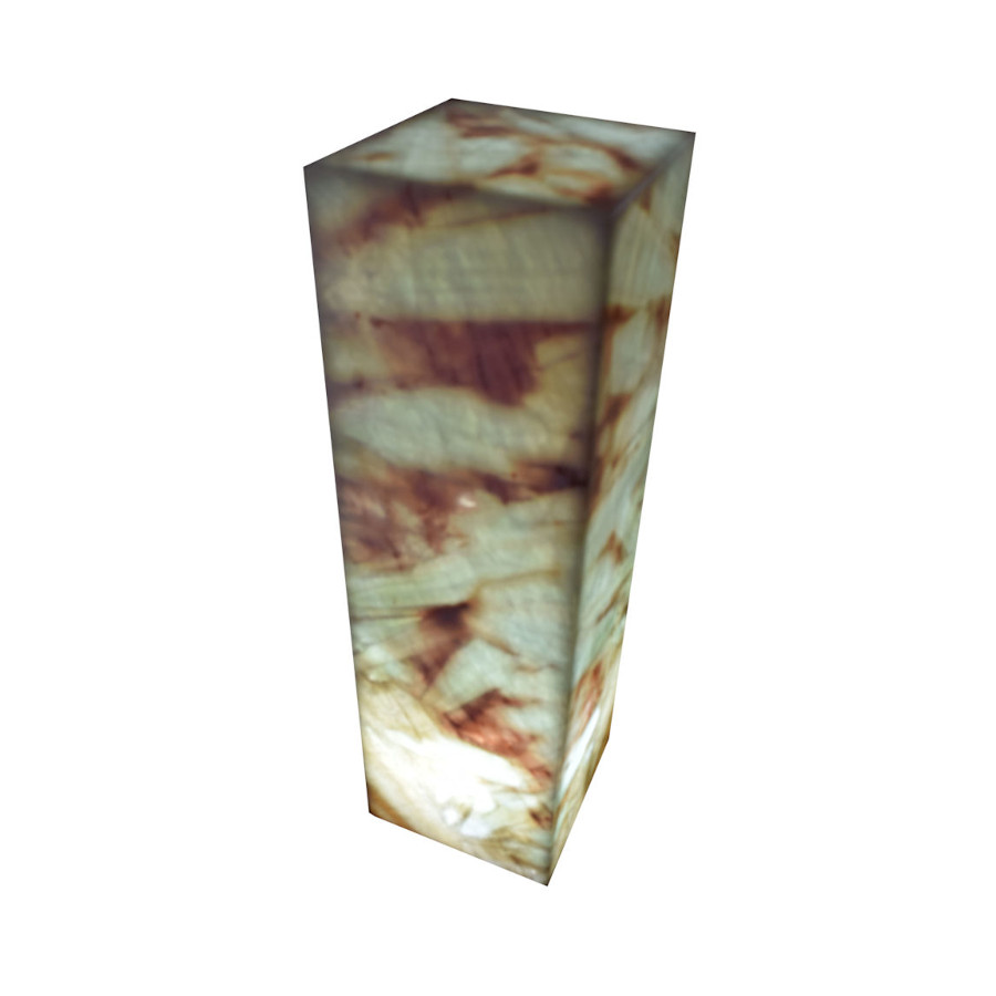 Onyx Marble Rectangular Floor Lamp with Closed Top. Height: 70 cm. Base: 15 cm x 15 cm. Azulita Collection. Colors: Pink, Red, White, and Dark Brown.