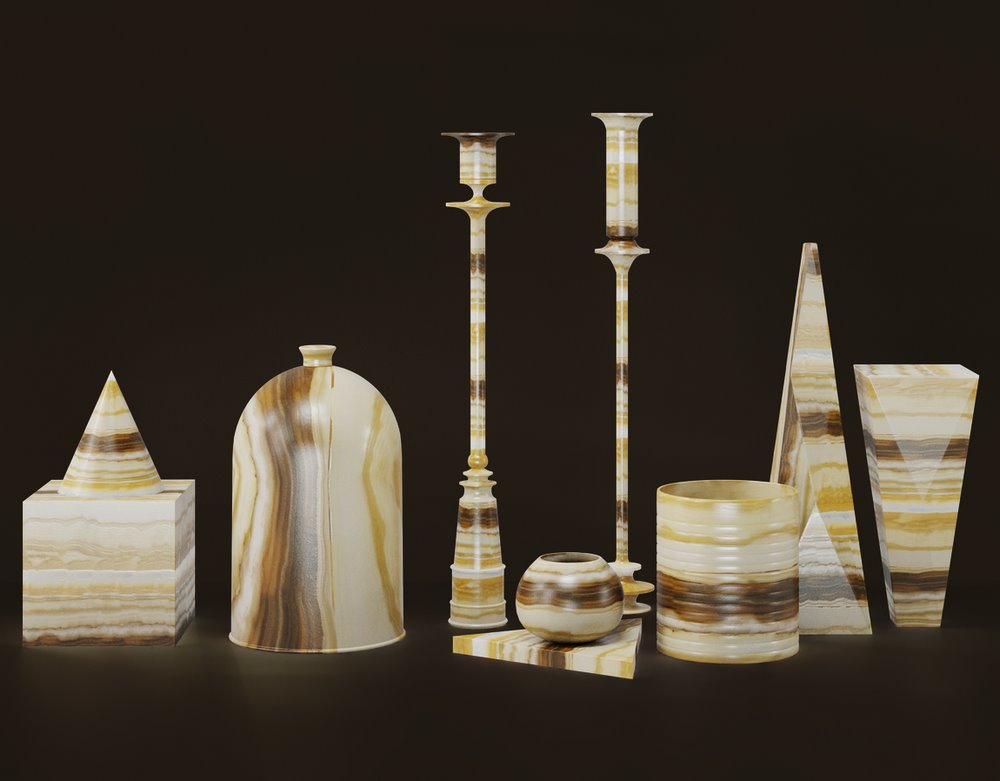home decor items of various shapes made of onyx marble from ambar collection