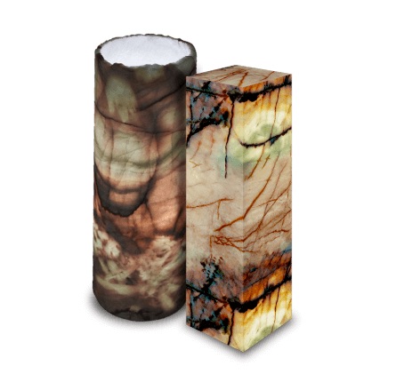 two floor lamps made of onyx marble from azulita collection standing next to each other - cylindrical floor lamp with open top and rough edge and rectangular floor lamp with closed top
