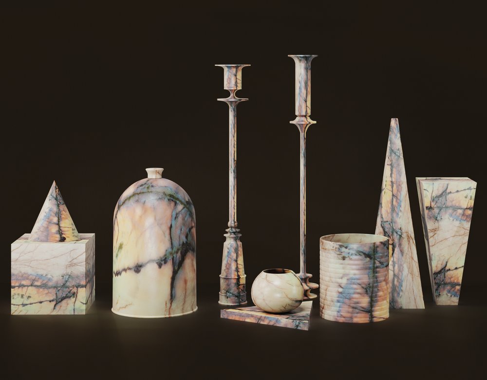 home decor items of various shapes made of onyx marble from azulita collection