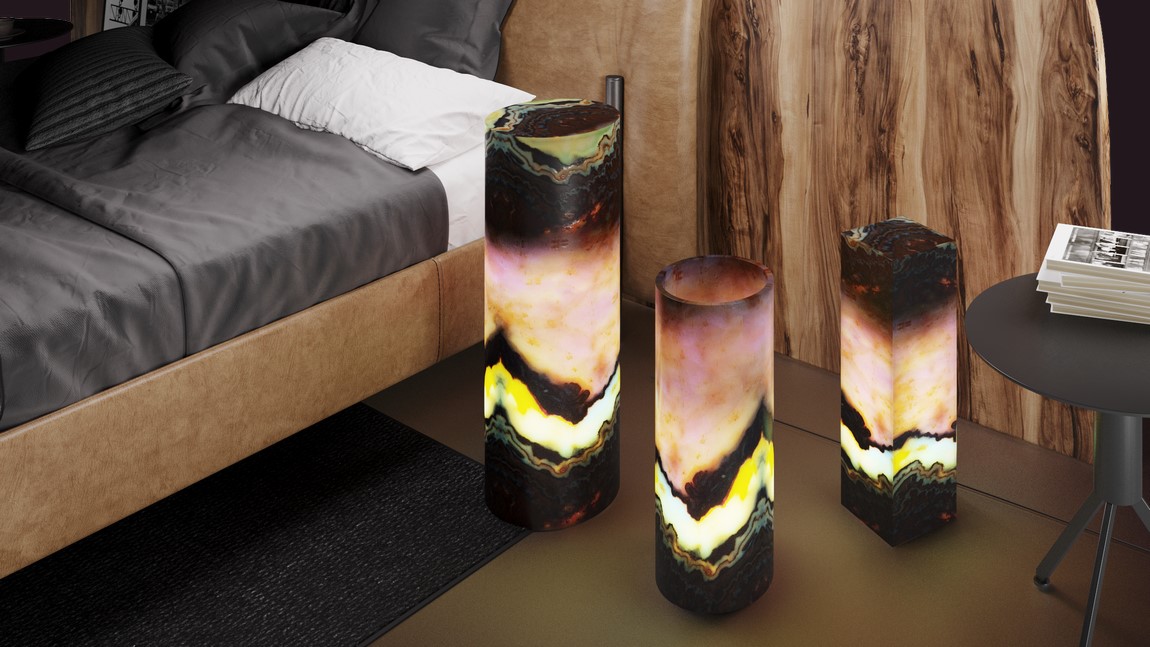 three cylindrical floor lamps made of onyx marble from beta rosa collection with betas of various shades - pink, yellow, brown, red, and black