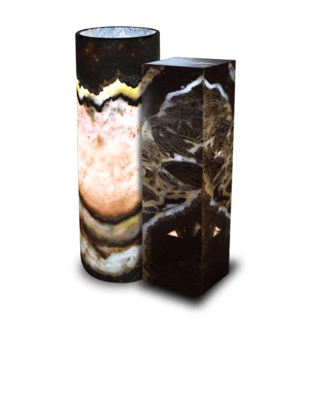 two floor lamps made of onyx beta rosa stone - one rectangular floor lamp and another one cylindrical floor lamp with betas of various shades of white, pink, red, brown, yellow, and black.