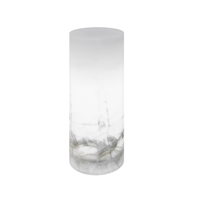 white cylindrical floor lamp made of onyx marble from blanco hielo collection