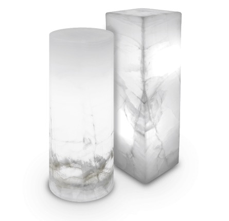 two white floor lamps made of onyx blanco hielo stone - one rectangular floor lamp and another one cylindrical floor lamp