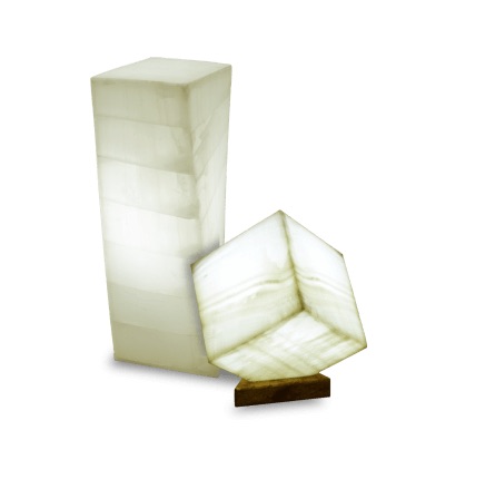 Two onyx lamps made from Blanco San Luis stone collection - one is a twisted lamp and another one is a cube lamp