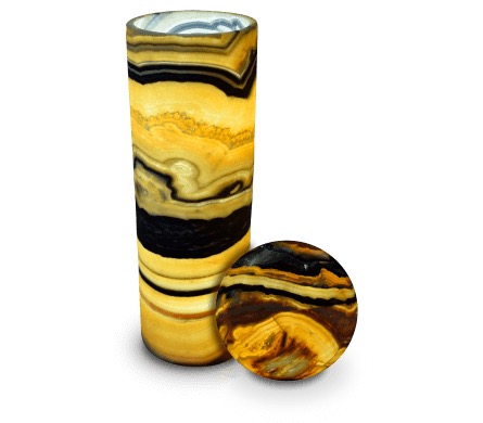 two onyx lamps standing next to each other from galactea collection - one cylindrical floor lamp and another one is spherical lamp with brown, orange, yellow, and black betas