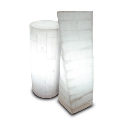 Two white onyx floor lamps made from made from Blanco San Luis stone collection using marqueteria technique. One is cylindrical onyx floor lamp and another one is twisted white onyx floor lamp