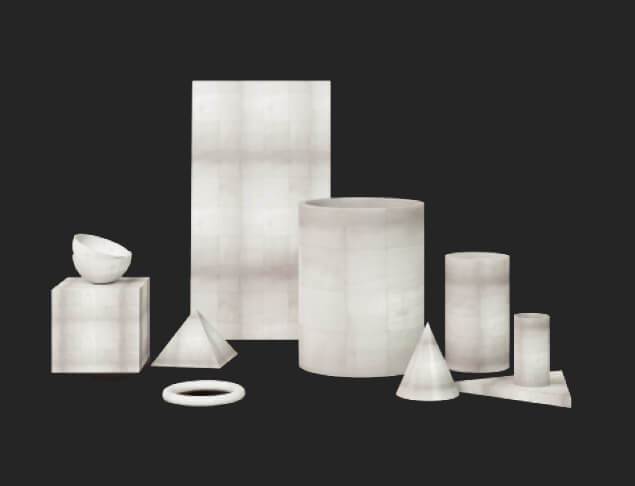 home decor items of various shapes made of onyx marble from blanco san luis collection using marqueteria technique