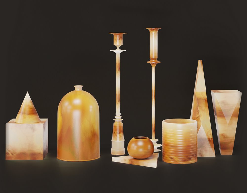 home decor items of various shapes made of onyx marble from miel collection