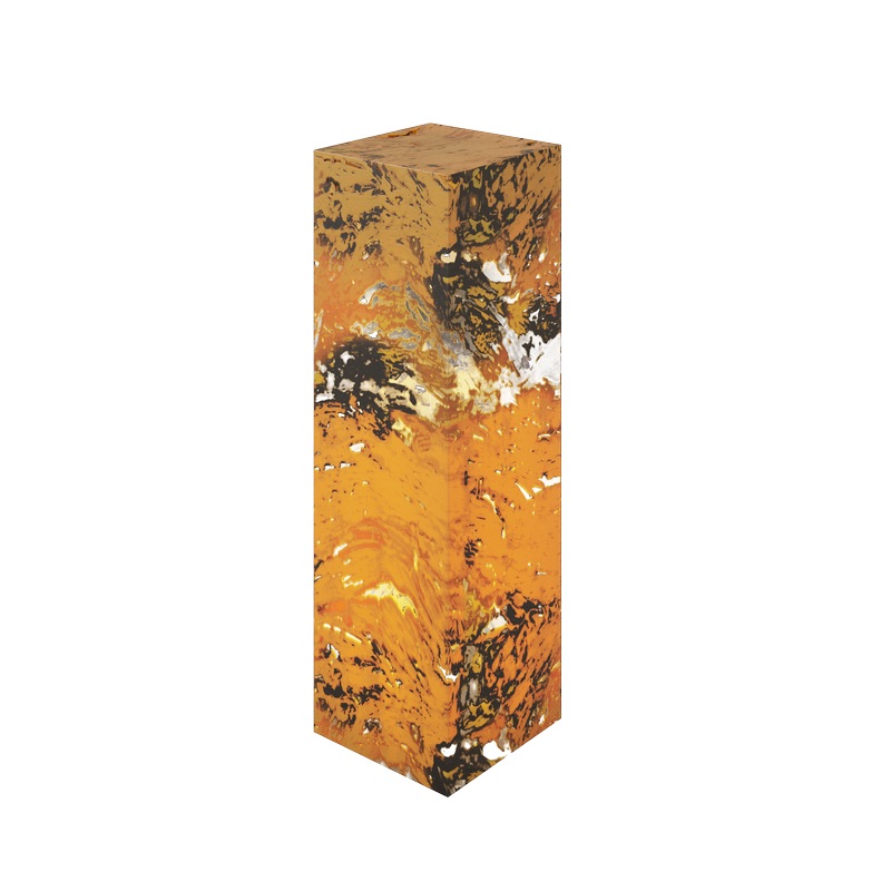 rectangular onyx floor lamp from picado collection with orange, yellow, brown, and black betas.