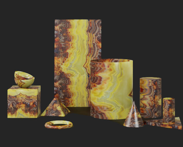 home decor items of various shapes made of onyx marble from rojo passion collection