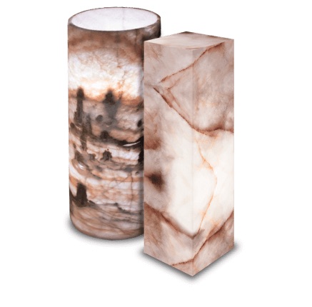 two floor lamps made of onyx rosa cristal rosa stone - one rectangular floor lamp and another one cylindrical floor lamp with betas of various shades of white, pink, red, and black