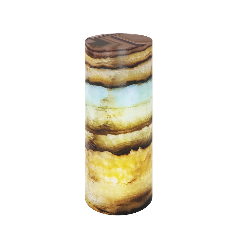 cylindrical onyx floor lamp with closed top from serpentina beta azul collection with yellow, blue, brown, orange, and black betas