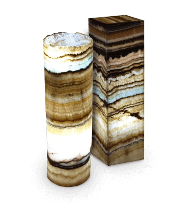 two floor lamps made of onyx beta rosa stone - one rectangular floor lamp and another one cylindrical floor lamp with betas of various shades of white, blue, orange, brown, yellow, and black.