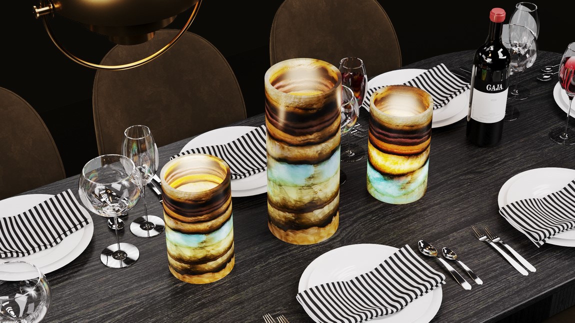 Three small-sized onyx table lamps made from Serpentina Beta Azul stone collection standing on the dinner table