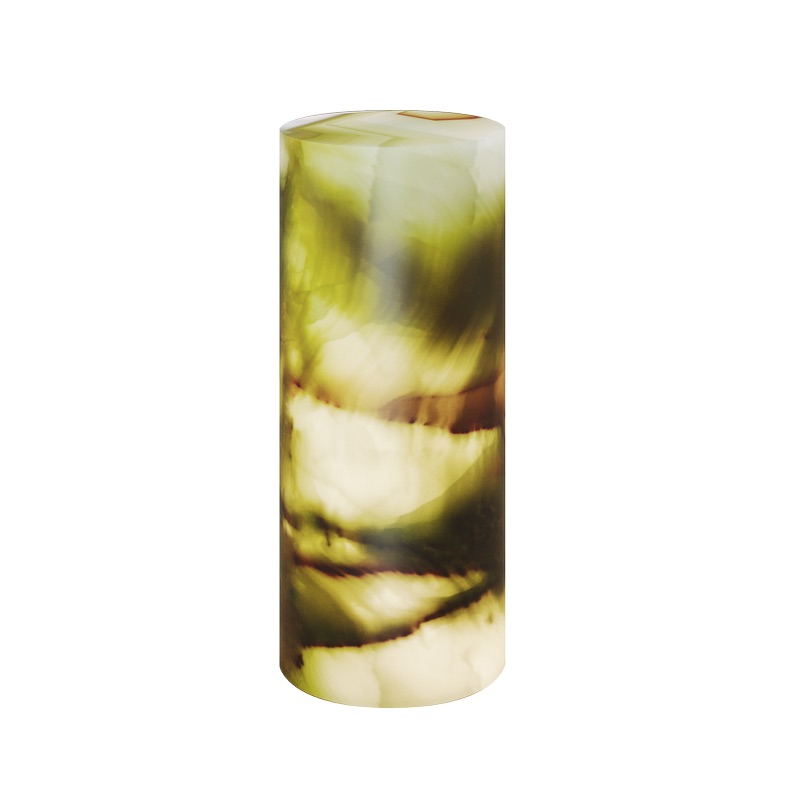 Cylindrical floor lamp made from Verde Dunas onyx stone collection. Main colors - grren, white, and brown.