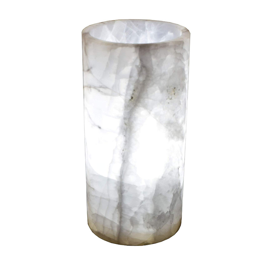 Onyx Marble Cylindrical Table Lamp with Closed Top. Height: 30 cm. Base: 15 cm x 15 cm. Blanco Hielo Collection. Colors: White and Gray