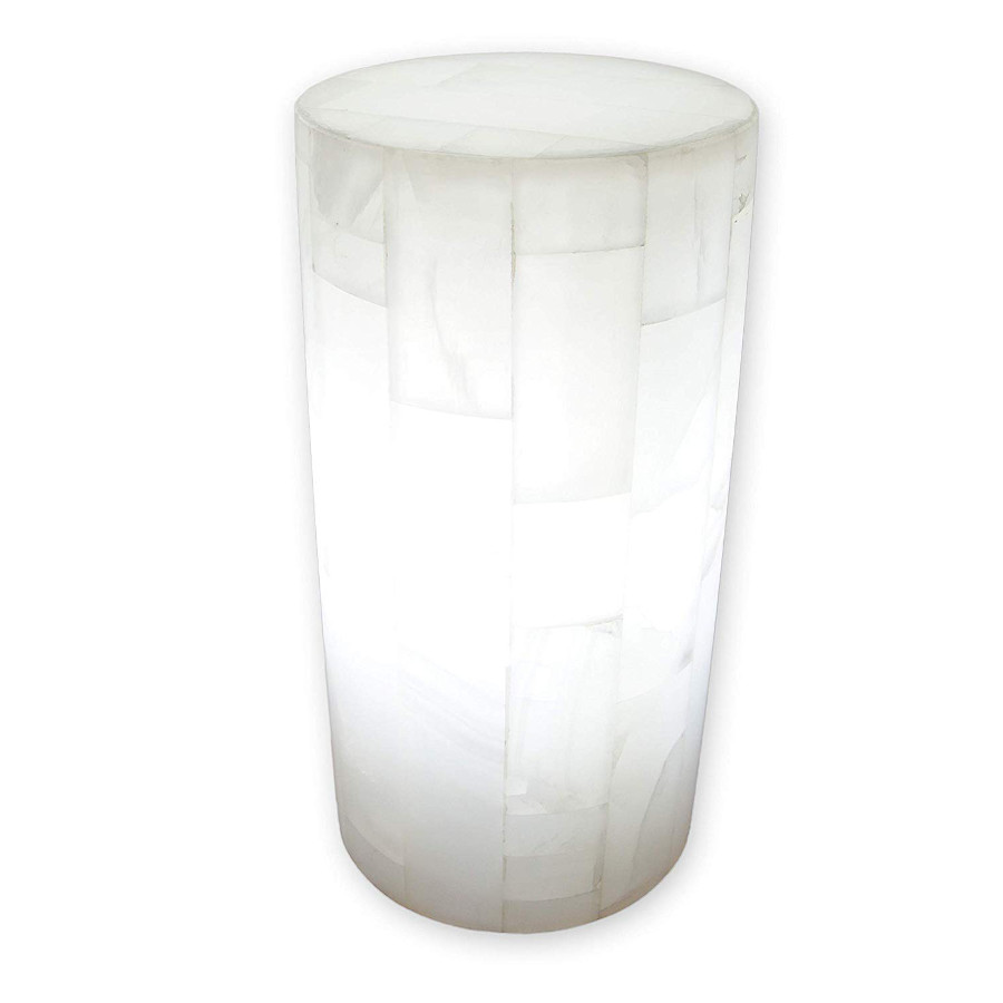 Onyx Marble Cylindrical Table Lamp with Closed Top. Height: 30 cm. Base: 15 cm. Blanco San Luis Collection. Colors: White.