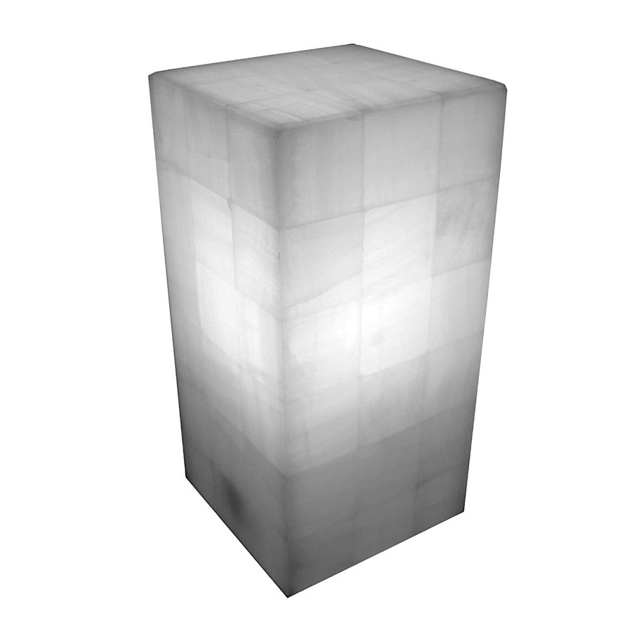 Onyx Marble Rectangular Table Lamp with Closed Top. Height: 30 cm. Base: 15 cm x 15 cm. Blanco San Luis Collection. Colors: White, Light Yellow, and Gray