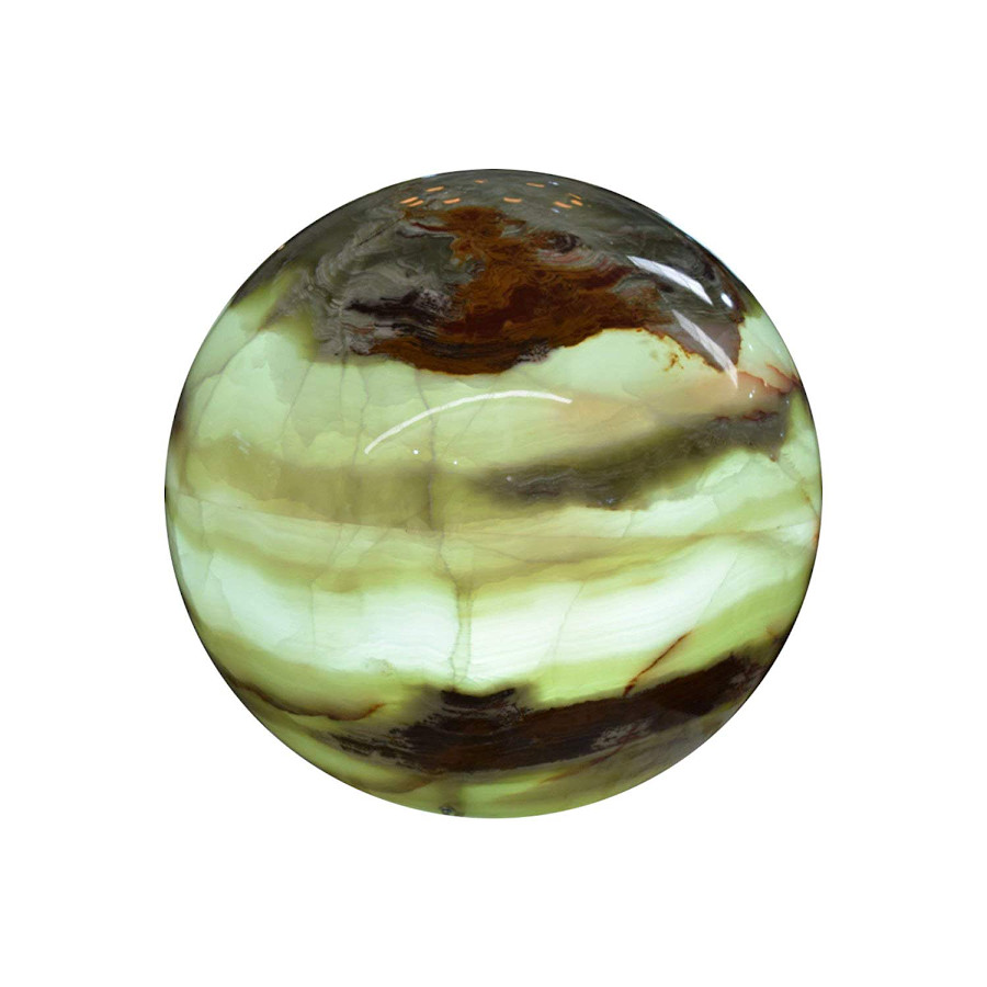 Sphere onyx table lamp made from Verde Talan stone collection. Main colors are white, brown, black, and green